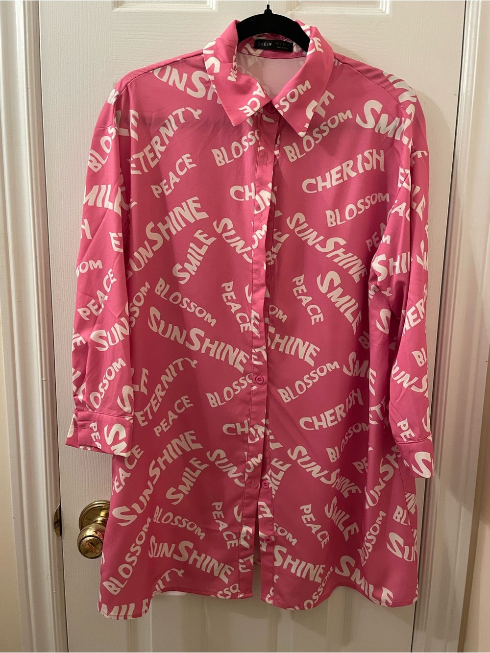 Pink Word-Print Button-Up Shirt